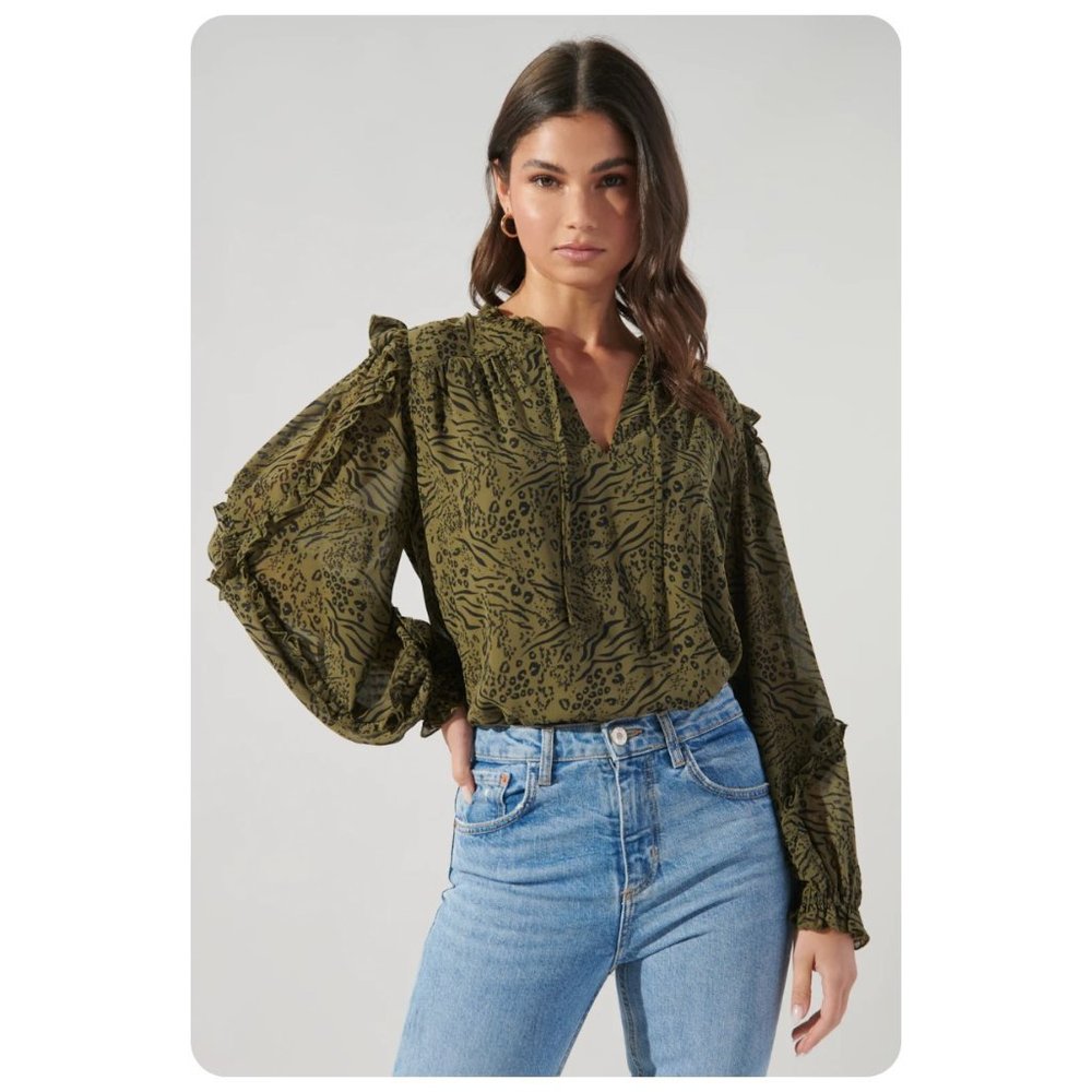 Sugarlips Olive Green Printed Puff Sleeve Blouse